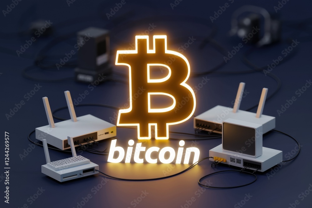 Poster Bitcoin network visualized with glowing symbol and interconnected routers, representing decentralized digital currency.
