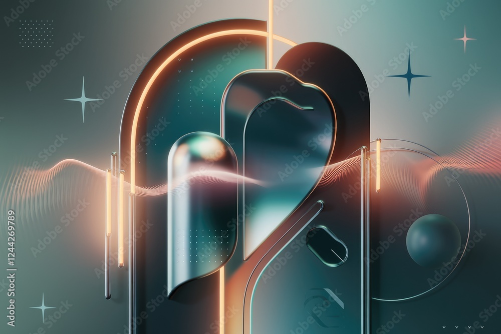 Poster Abstract 3D rendering of metallic shapes, neon lights, and wave patterns, creating a futuristic and elegant design.