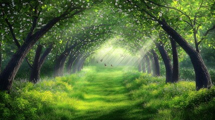 Obraz premium Spring banner featuring road of grass with the lineup of trees.