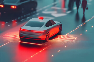 Concept of autonomous car sensor system for driverless-mode car control. Future adaptive cruise control capable of sensing nearby vehicles and pedestrians. Smart transportation technology theme
