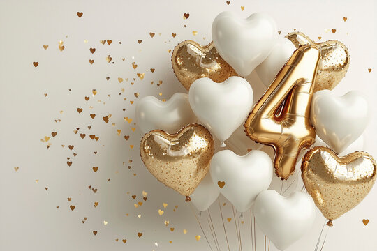 heart-shaped balloons in white and gold colors with ribbons and weights. One balloon is shaped like the number 4. Birthday party decoration,