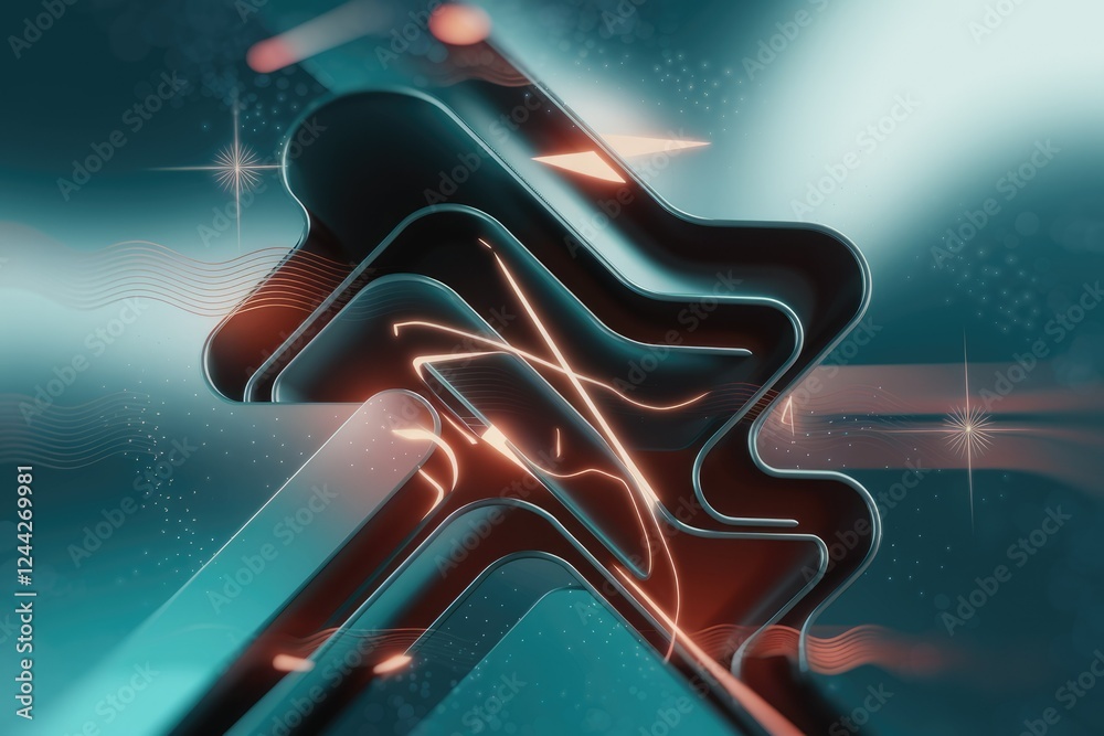 Poster Abstract 3D rendering of teal and orange metallic forms with glowing lines, creating a futuristic, technological feel.