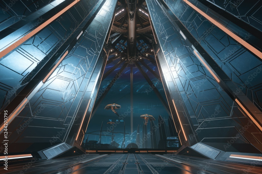Poster futuristic spaceship interior with a view of a sprawling cityscape and flying vehicles through a lar