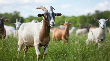 Goat in a Lush Green Field Surrounded by Other Goats in Nature