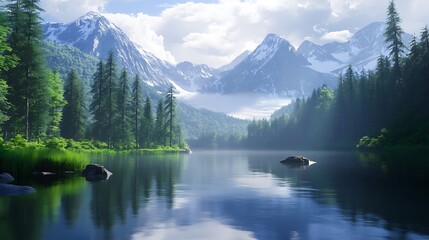 A serene alpine lake surrounded by towering mountains and dense pine forests
