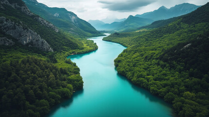 Serene Aerial View of a River Flowing Through Lush Green Mountains