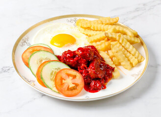 Spicy Meat with Fries, Sunny Side Up Egg, fresh cucumber and tomato slices served in plate isolated on marble background side view of singapore breakfast food