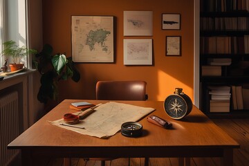 Warm and inviting study with vintage maps and compass