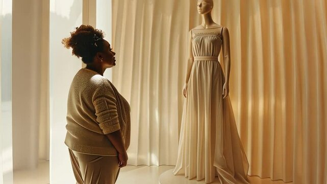 This woman observes a stylish gown display in a boutique, appreciating the elegant design and fabric.