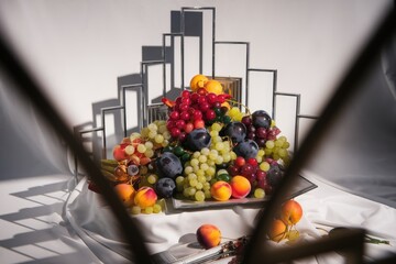 A vibrant still life featuring an assortment of fresh fruits, including grapes, plums, apricots,...