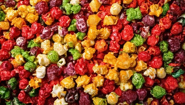 Colorful candy-coated popcorn displayed at a festive event during daytime