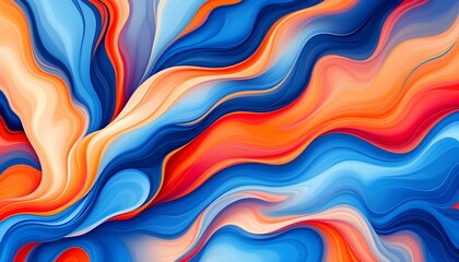 Fototapeta premium Diseño abstracto que presenta patrones fluidos en tonos vibrantes de naranja y azul, con texturas suaves parecidas a plumas que crean una sensación de movimiento y profundidad