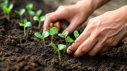 Close-up View of Hands Planting Seedlings in Rich Dark Soil