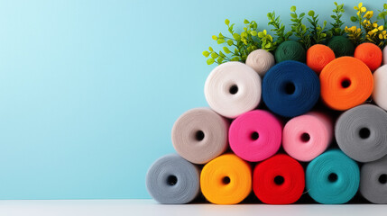Colorful arrangement of yarn rolls with greenery on a pastel background in a creative space