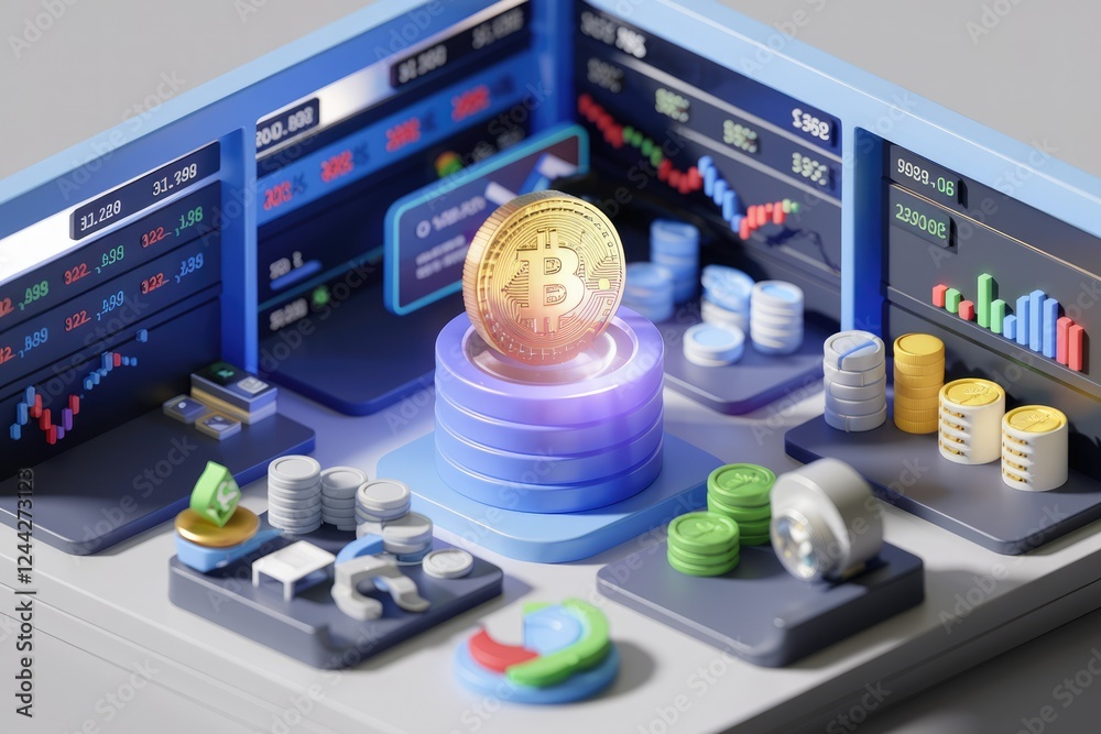 Poster Bitcoin cryptocurrency trading visualized with charts and graphs showing market data and price fluctuations.