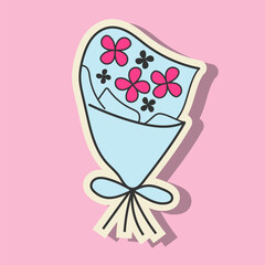 Cute Doodle Y2K Sticker Bouquet Isolated On Pink Background. Vector Illustration Flowers Element Hand Drawn. Sticker Suitable For Valentine's Day, Birthday, Wedding.