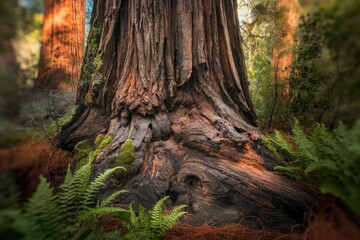 Obraz premium Ancient redwood tree base, textured bark, moss, ferns, sunlight, forest scene.