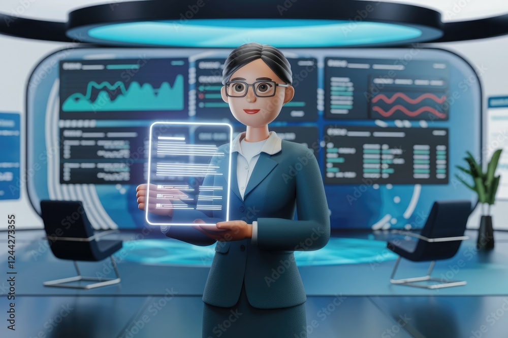 Poster a businesswoman presents a digital document showcasing data analysis and business intelligence in a 