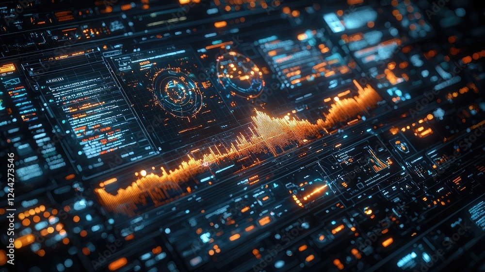 Poster futuristic digital interface displays complex data streams