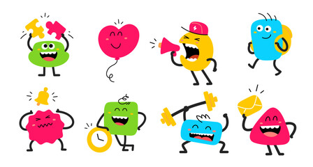 Vector set of cartoon illustration of cute happy smile geometric character with megaphone, mail, puzzle, bell, clock and barbell. Flat style child doodle design of different abstract kid character set