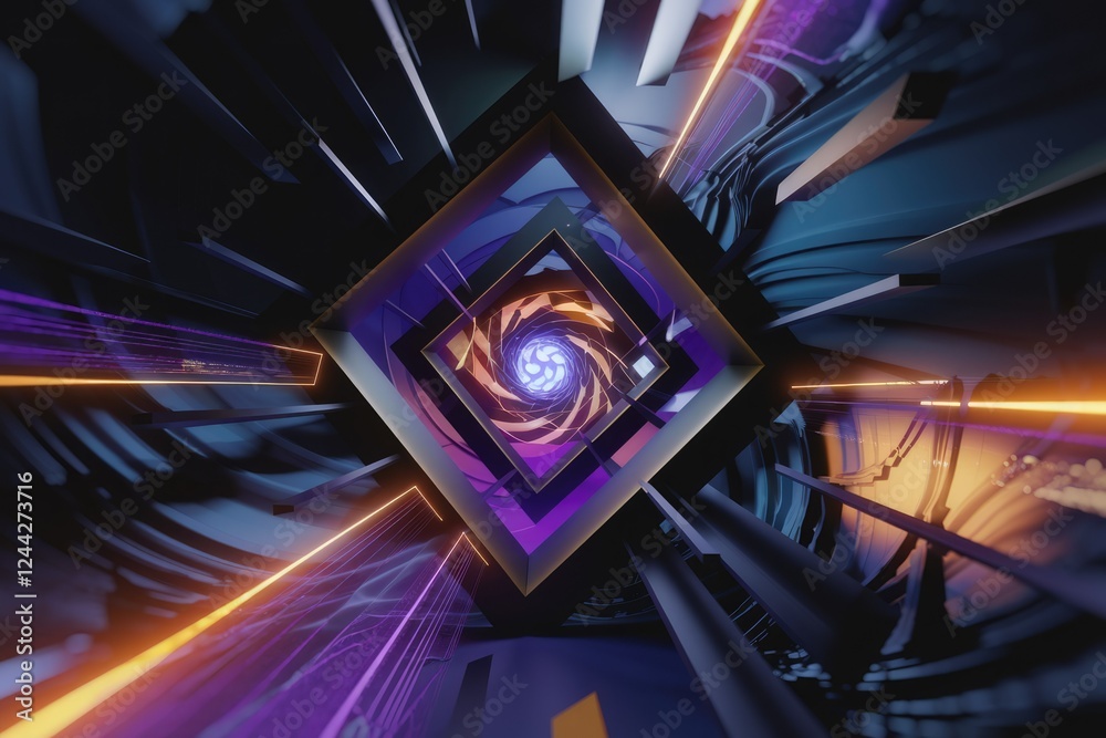 Poster Abstract digital art depicting a swirling vortex within nested geometric shapes, illuminated by vibrant neon lights.