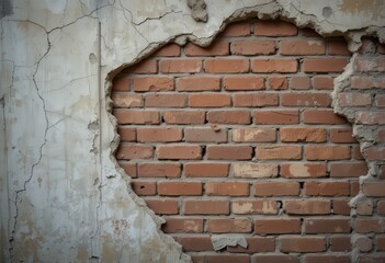 Crumbling walls reveal red bricks beneath the surface in an abandoned structure showcasing weathered beauty and forgotten stories