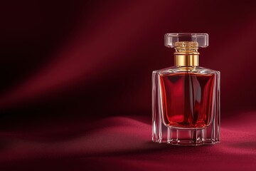 Luxuriöses Parfumflakon auf edlem roten Stoff

