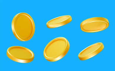Vector illustration of set of golden shine coin with different angle. 3d realistic style design of blank golden coin different view. Game chip. Money symbol for gambling and casino chip