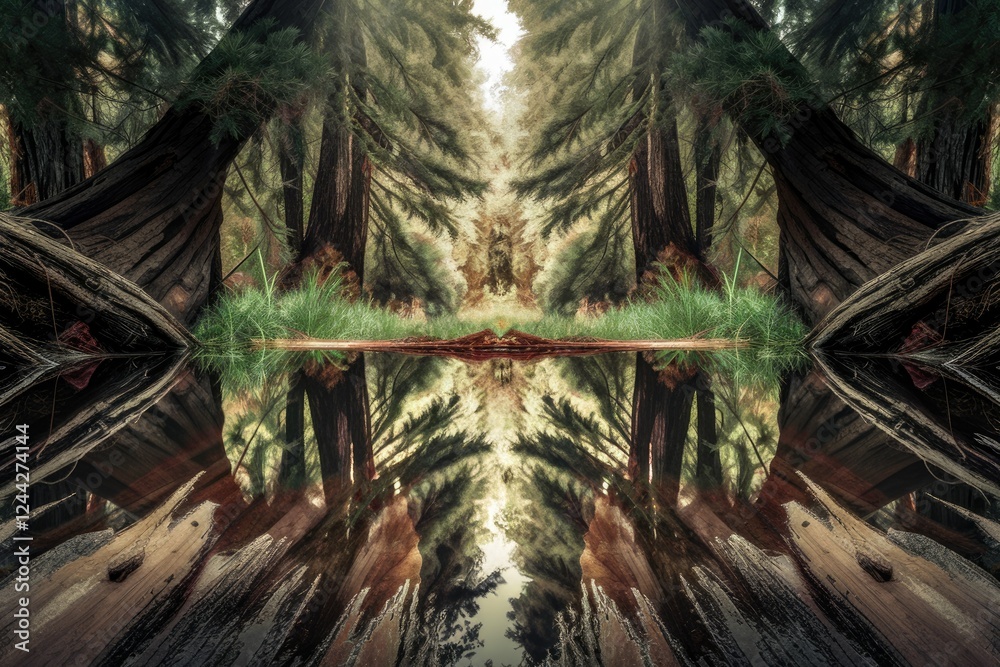 Poster Symmetrical reflection of a serene forest scene in a calm pond, creating a magical, mirrored landscape.