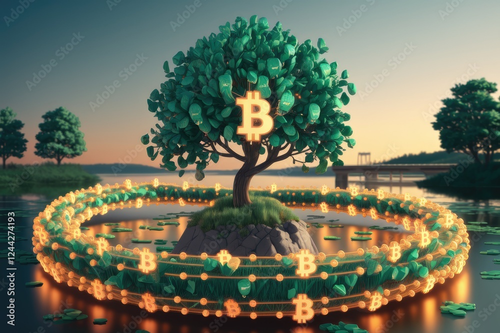 Poster bitcoin tree on a tranquil lake, symbolizing growth and prosperity in the crypto world.
