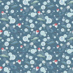 Blue water bubbles of different sizes with fish in a chaotic order, float. Watercolor hand-drawn illustration. Seamless pattern, endlessly repeating ornament, on a blue background
