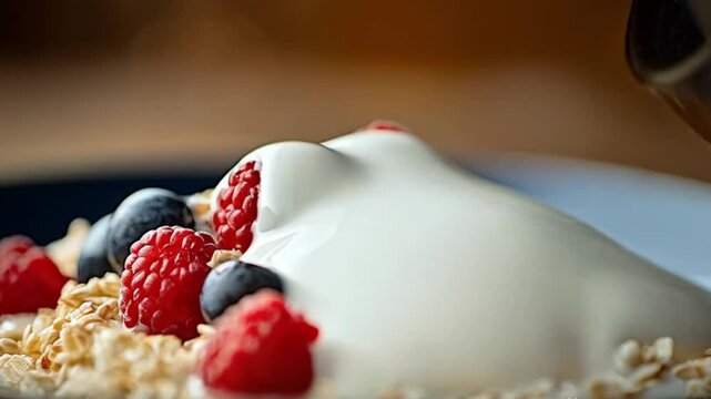 Milk is poured onto a plate of nutritious grains for breakfast.





