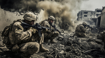 A battle-damaged urban landscape with broken buildings, shattered glass, and smoke, as exhausted soldiers in worn combat gear crouch behind crumbling walls, focused and gripping their weapons
