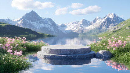 Summer scene and Natural background, stone podium on the water and bloom flowers on the ground. Backdrop snow mountain reflect the water surface for product stand display, advertising, mockup or etc