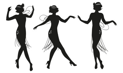 Silhouettes of three flapper girls dancing Charleston isolated on white background