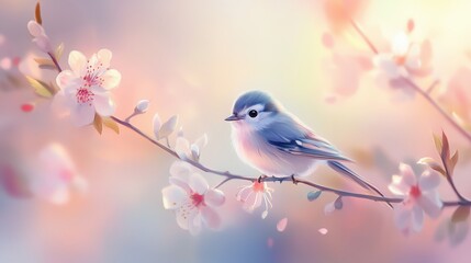 Fototapeta premium Small bird resting on a blossoming branch under a pastel sky during springtime