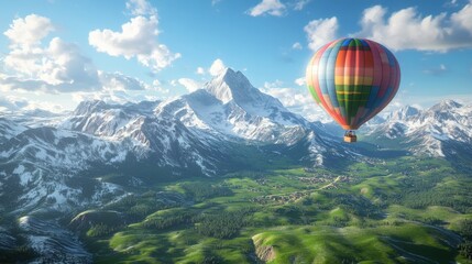 Fototapeta premium Hot Air Balloon Soaring Over Majestic Snowcapped Mountains