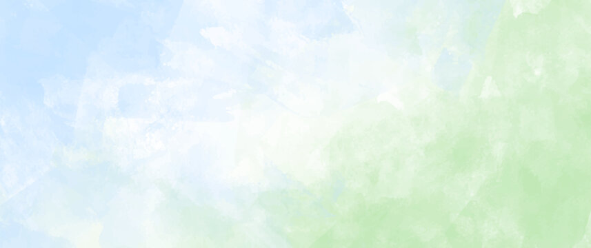 Abstract summer landscape vector watercolor background with blue sky, white clouds and green field. Watercolor illustration for interior, flyers, poster, cover, banner. Modern hand draw painting.