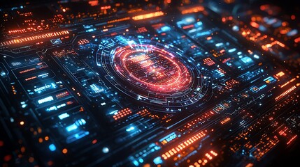 Futuristic tech circuit board core glowing