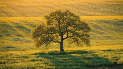 Fototapeta premium Spring Equinox lone tree in a golden field at sunset