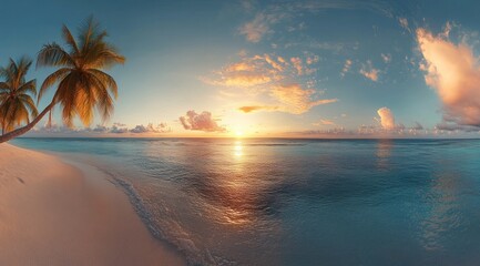 Tropical Sunset Paradise: Idyllic Beach Scene with Palm Trees and Ocean
