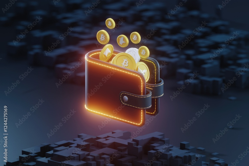 Poster digital wallet overflowing with glowing bitcoin cryptocurrency coins.