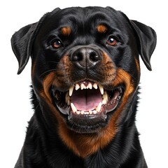 Closeup front view face portrait of aggressive barking dog with open mouth and sharp jaw teeth, isolated. Angry dangerous domestic pet animal, furious guard pitbull attack bite, vicious, fear, scary