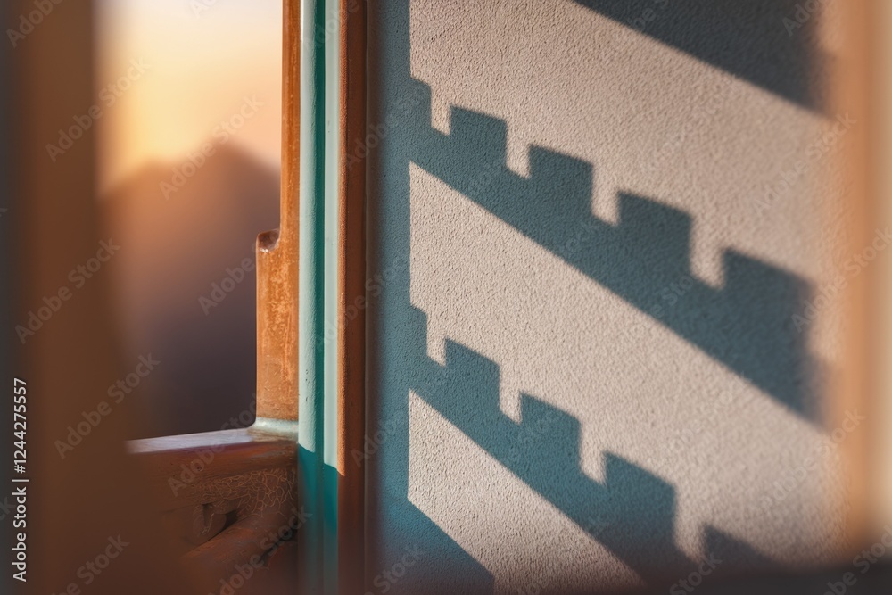 Aufkleber shadow of a stair railing cast on a textured wall during sunset, creating a geometric pattern.