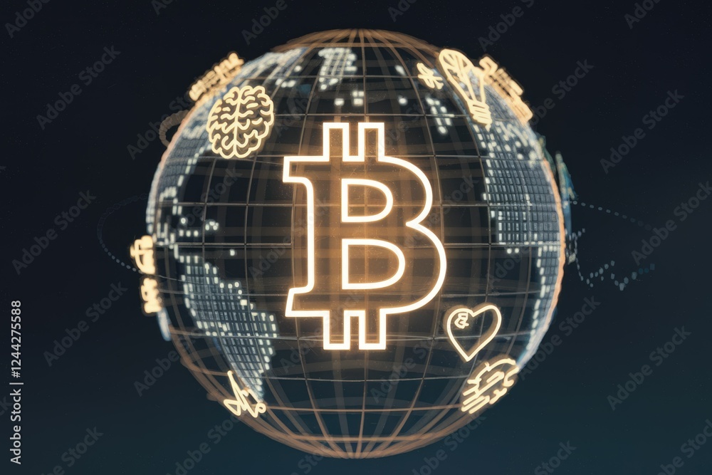 Poster bitcoin's global impact, visualized on a world map with glowing symbols representing innovation, fin