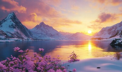 Majestic Sunset over Snow-Capped Mountains and Serene Lake
