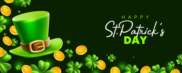 Vector illustration of irish leprechaun hat, green clover and golden coin with happy saint patricks day word on black background. 3d style design of hat, clover and gold for st patrick day