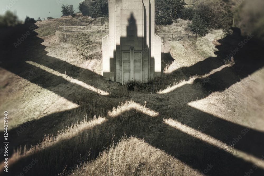 Poster bridge pillar casts long shadows across grassy landscape, creating an x-shaped pattern.