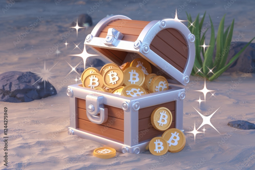 Poster a treasure chest overflowing with bitcoin cryptocurrency, gleaming with magical sparkle.