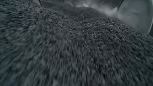 Close-up of gravel falling from a conveyor in motion creating a gray pile of crushed stone. Concept of material processing and industrial productivity
